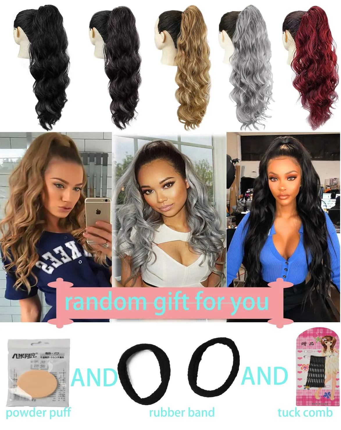 KETHBE 24 Inch Long Body Wave Ponytail hair Extension Synthetic Heat Resistant Wrap Around Drawstring Curly Wavy Ponytail Hairpieces for Women(Black)