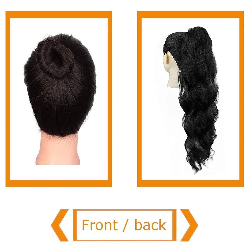 KETHBE 24 Inch Long Body Wave Ponytail hair Extension Synthetic Heat Resistant Wrap Around Drawstring Curly Wavy Ponytail Hairpieces for Women(Black)