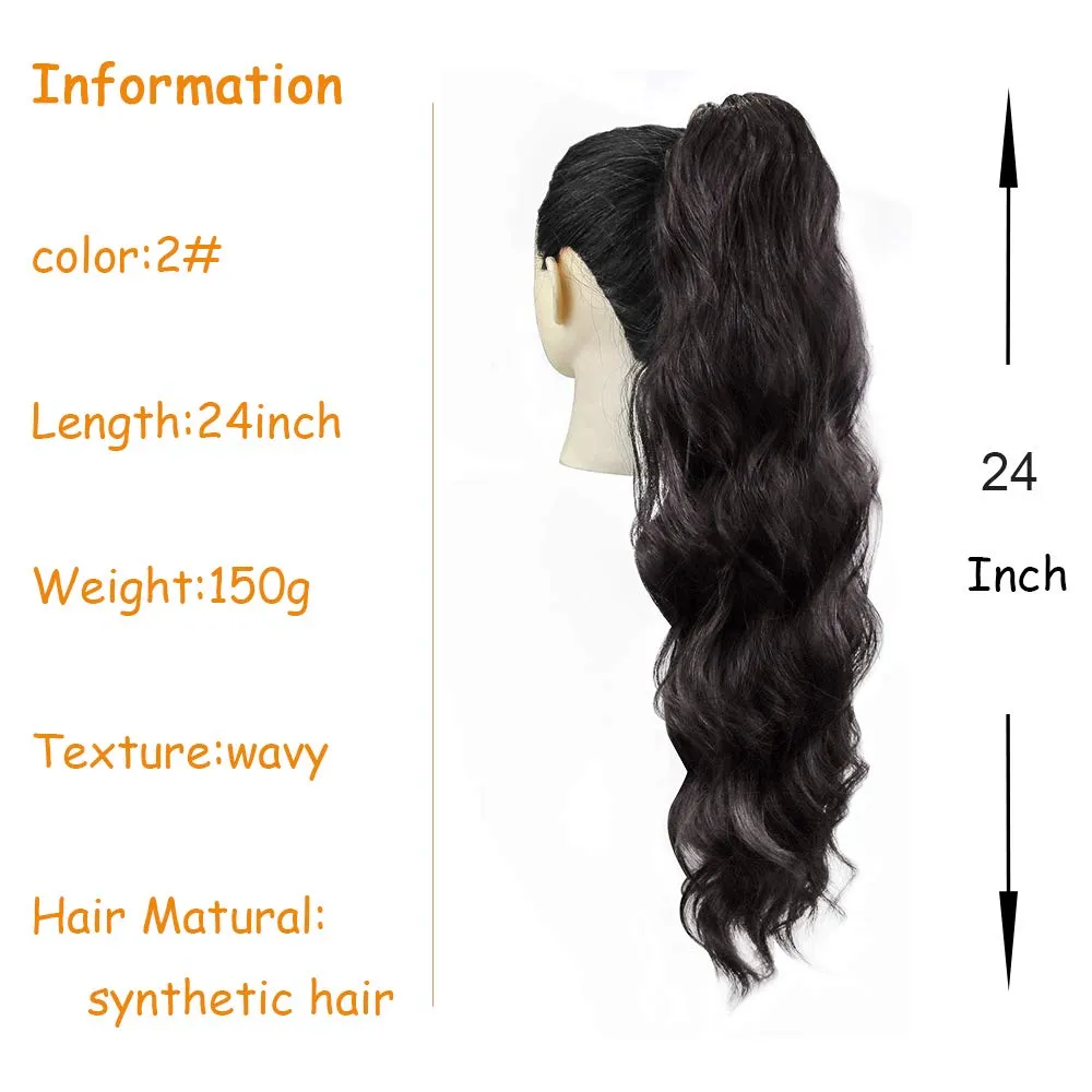 KETHBE 24 Inch Long Body Wave Ponytail hair Extension Synthetic Heat Resistant Wrap Around Drawstring Curly Wavy Ponytail Hairpieces for Women(Natural Black)