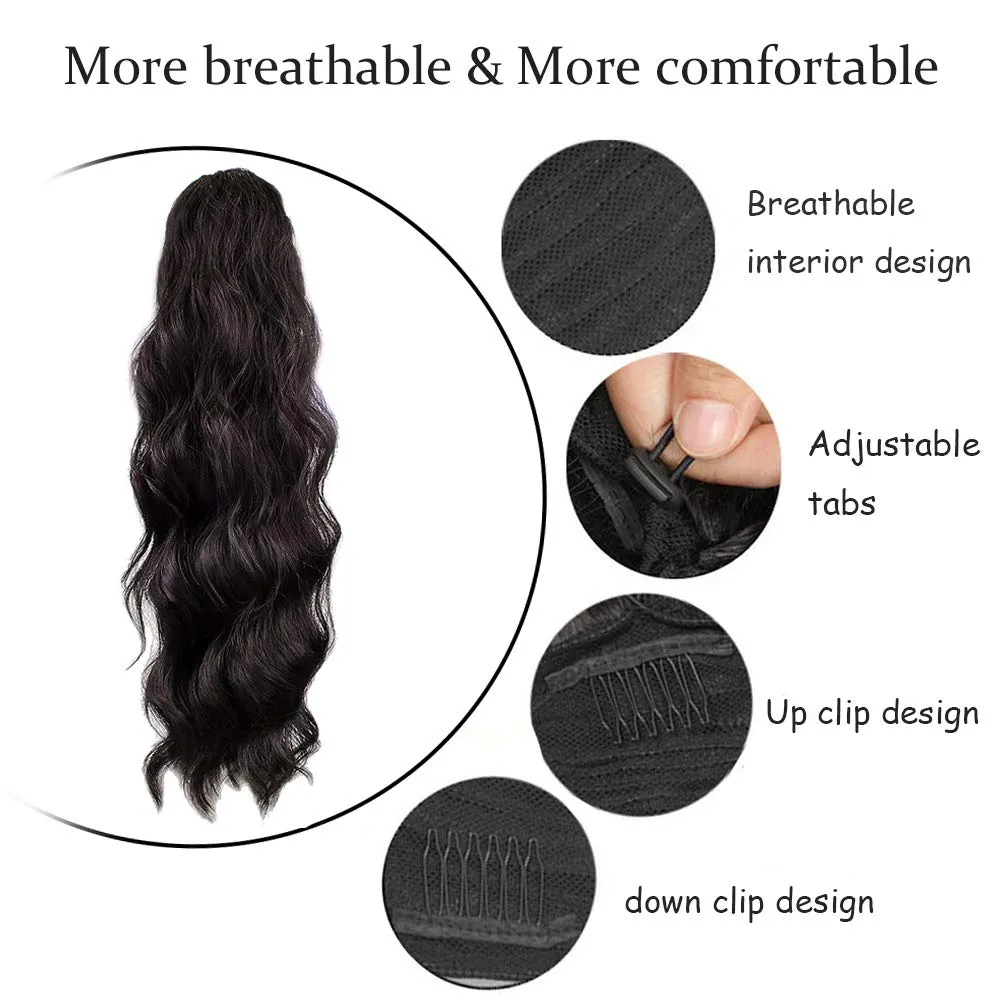 KETHBE 24 Inch Long Body Wave Ponytail hair Extension Synthetic Heat Resistant Wrap Around Drawstring Curly Wavy Ponytail Hairpieces for Women(Natural Black)