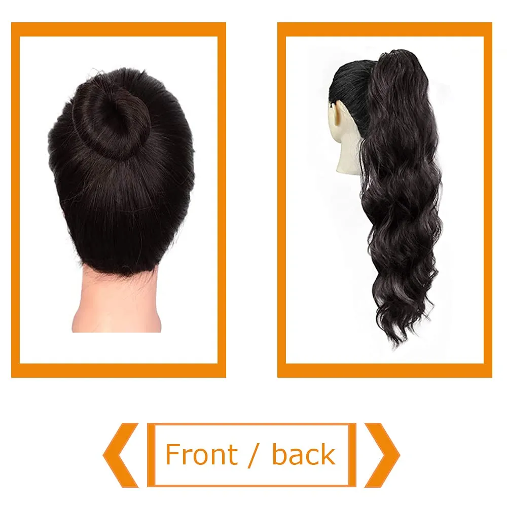 KETHBE 24 Inch Long Body Wave Ponytail hair Extension Synthetic Heat Resistant Wrap Around Drawstring Curly Wavy Ponytail Hairpieces for Women(Natural Black)
