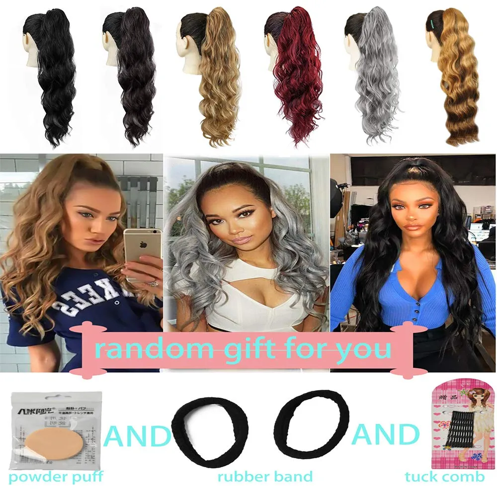 KETHBE 24 Inch Long Body Wave Ponytail hair Extension Synthetic Heat Resistant Wrap Around Drawstring Curly Wavy Ponytail Hairpieces for Women(Natural Black)