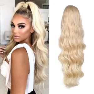 KETHBE Drawstring Ponytail 24 inch Long Body Wave Ponytail Hair Extensions Clip in Wavy Pony Tail Synthetic Hairpiece for Women (24-613#)