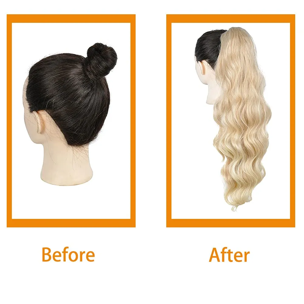 KETHBE Drawstring Ponytail 24 inch Long Body Wave Ponytail Hair Extensions Clip in Wavy Pony Tail Synthetic Hairpiece for Women (24-613#)