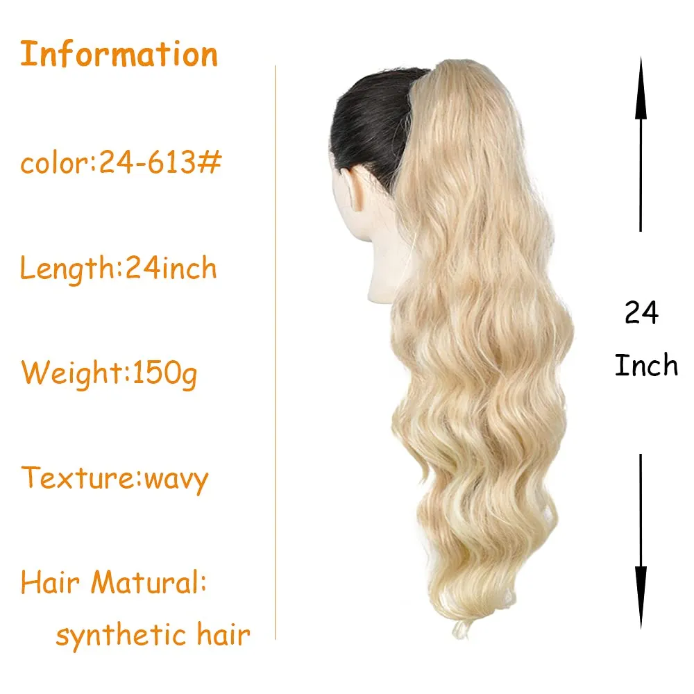 KETHBE Drawstring Ponytail 24 inch Long Body Wave Ponytail Hair Extensions Clip in Wavy Pony Tail Synthetic Hairpiece for Women (24-613#)