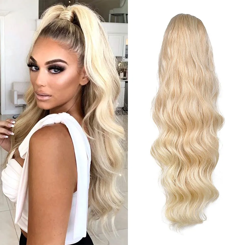 KETHBE Drawstring Ponytail 24 inch Long Body Wave Ponytail Hair Extensions Clip in Wavy Pony Tail Synthetic Hairpiece for Women (24-613#)