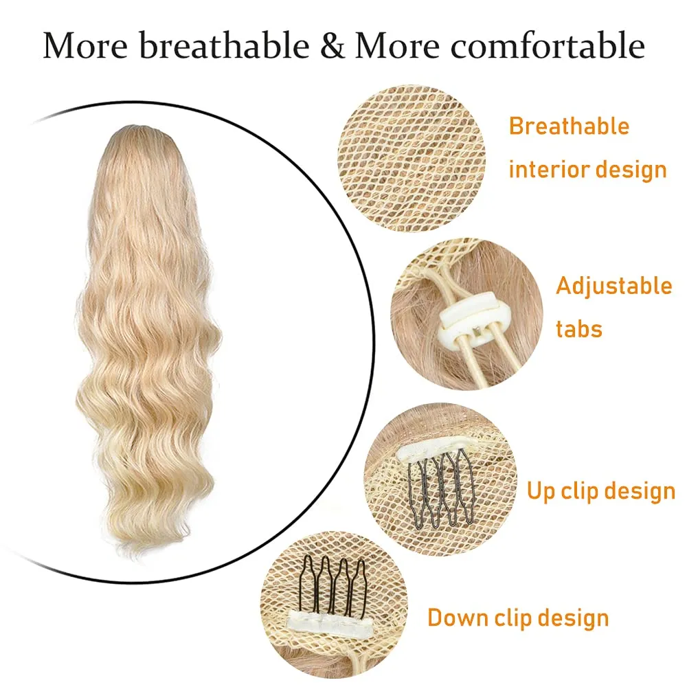 KETHBE Drawstring Ponytail 24 inch Long Body Wave Ponytail Hair Extensions Clip in Wavy Pony Tail Synthetic Hairpiece for Women (24-613#)