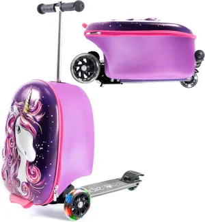 KIDDIETOTES Hardshell Kids Ride On Luggage with Scooter Suitcase for Girls Ages 5-12 - Carry-On Compliant with LED Light-Up Wheels