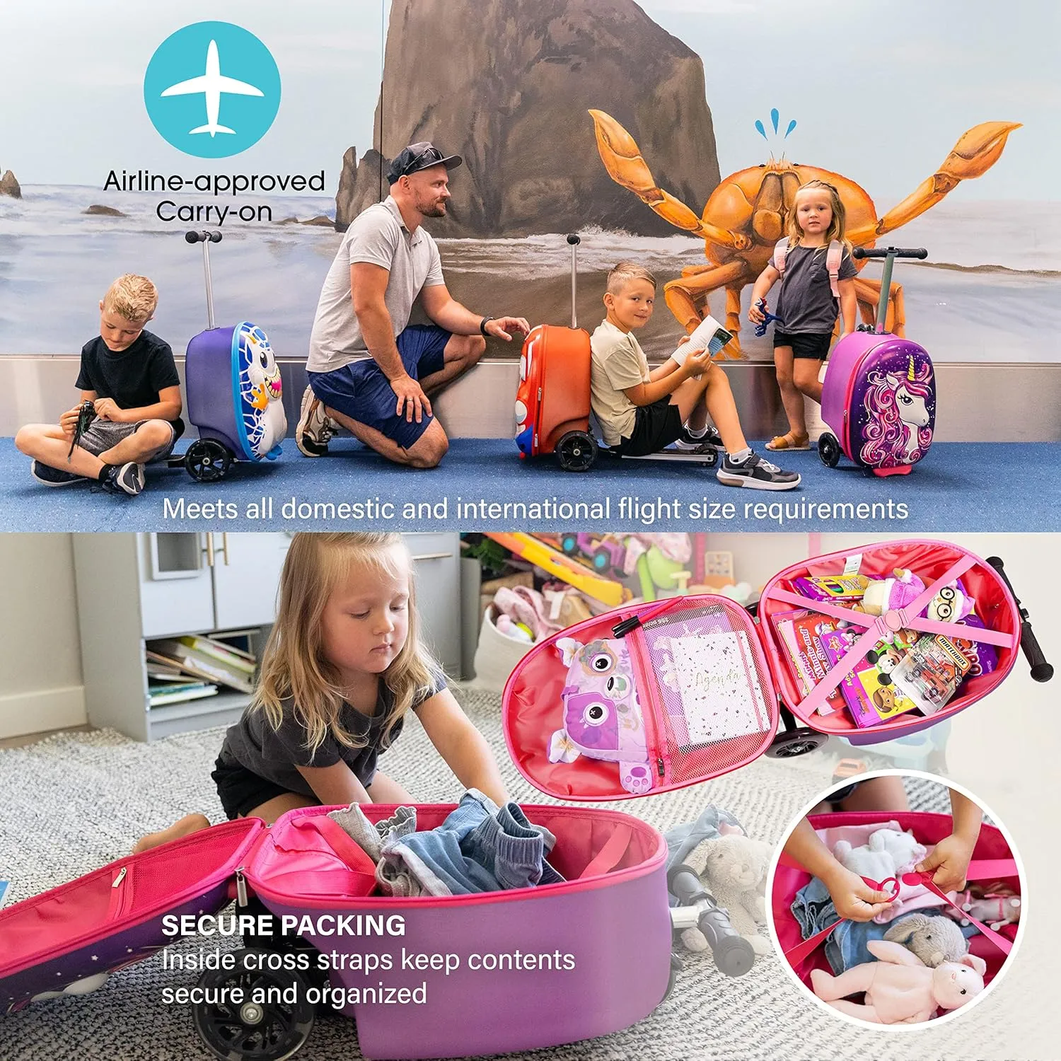 KIDDIETOTES Hardshell Kids Ride On Luggage with Scooter Suitcase for Girls Ages 5-12 - Carry-On Compliant with LED Light-Up Wheels