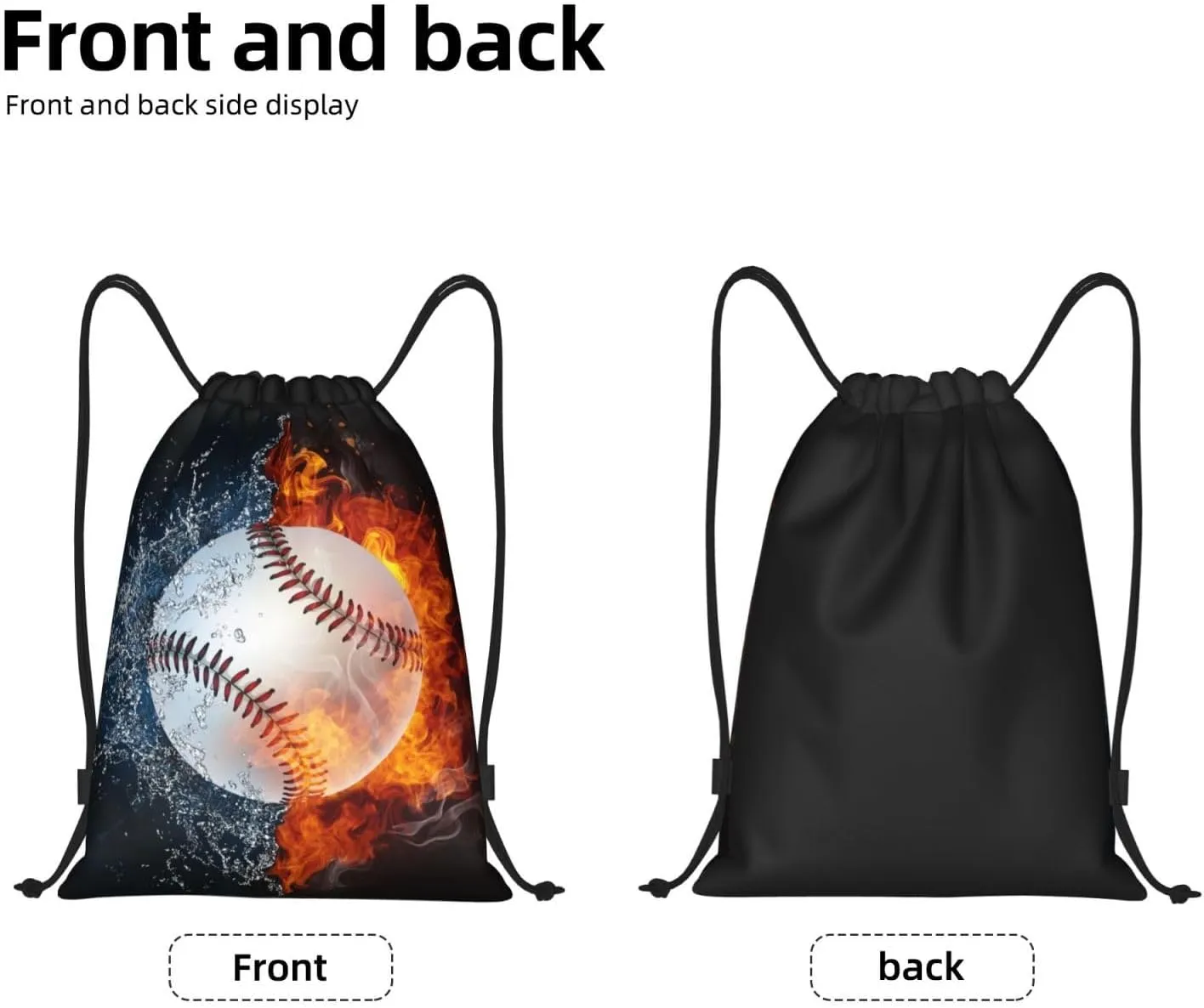 Kids Baseball Drawstring Bags Boys Girls, Cool Sports Drawstring Backpack with Fire and Water Pattern Printed, Black Casual Knapsack Bags for Teens Adults for Gym Travel Swimming Beach Camping, Medium