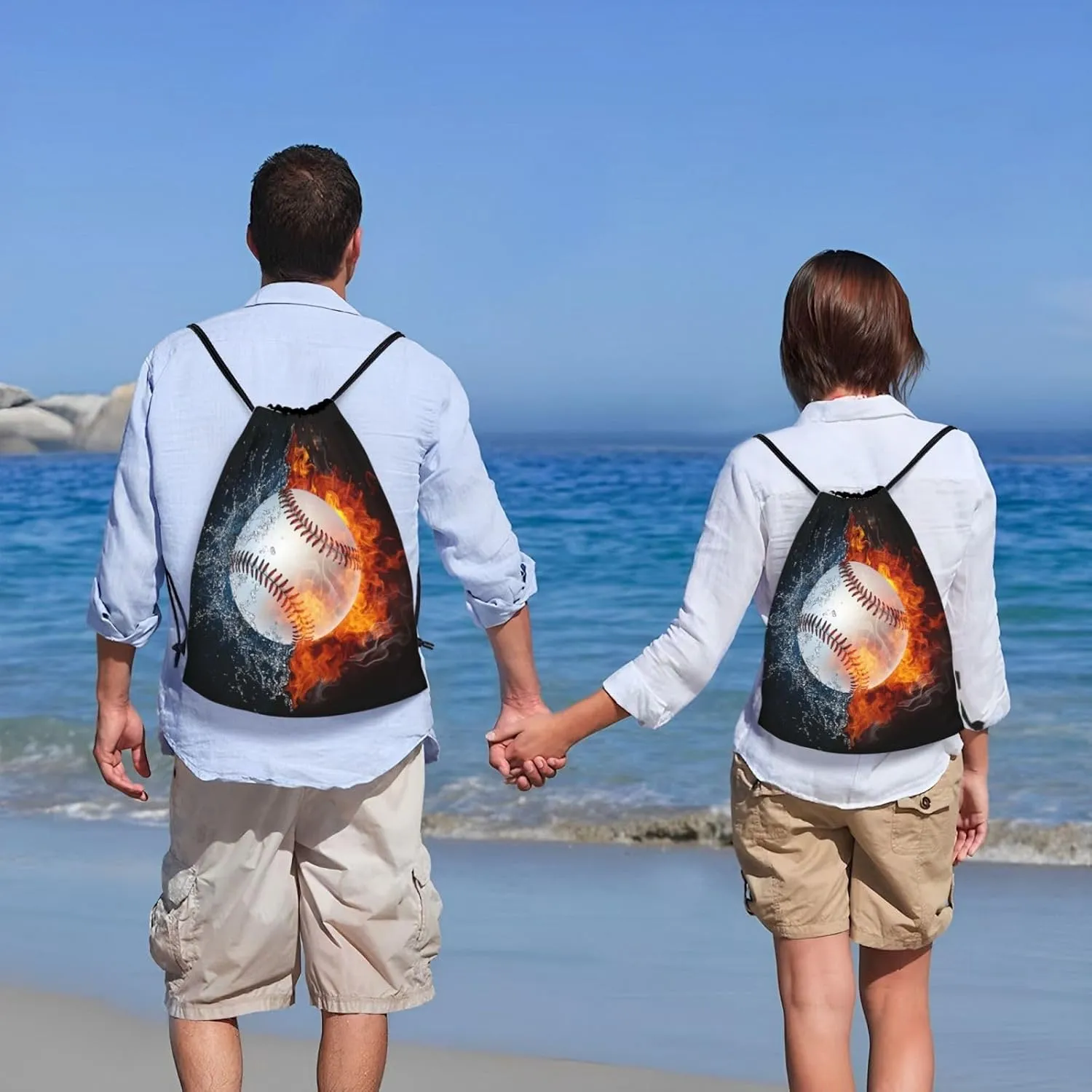 Kids Baseball Drawstring Bags Boys Girls, Cool Sports Drawstring Backpack with Fire and Water Pattern Printed, Black Casual Knapsack Bags for Teens Adults for Gym Travel Swimming Beach Camping, Medium