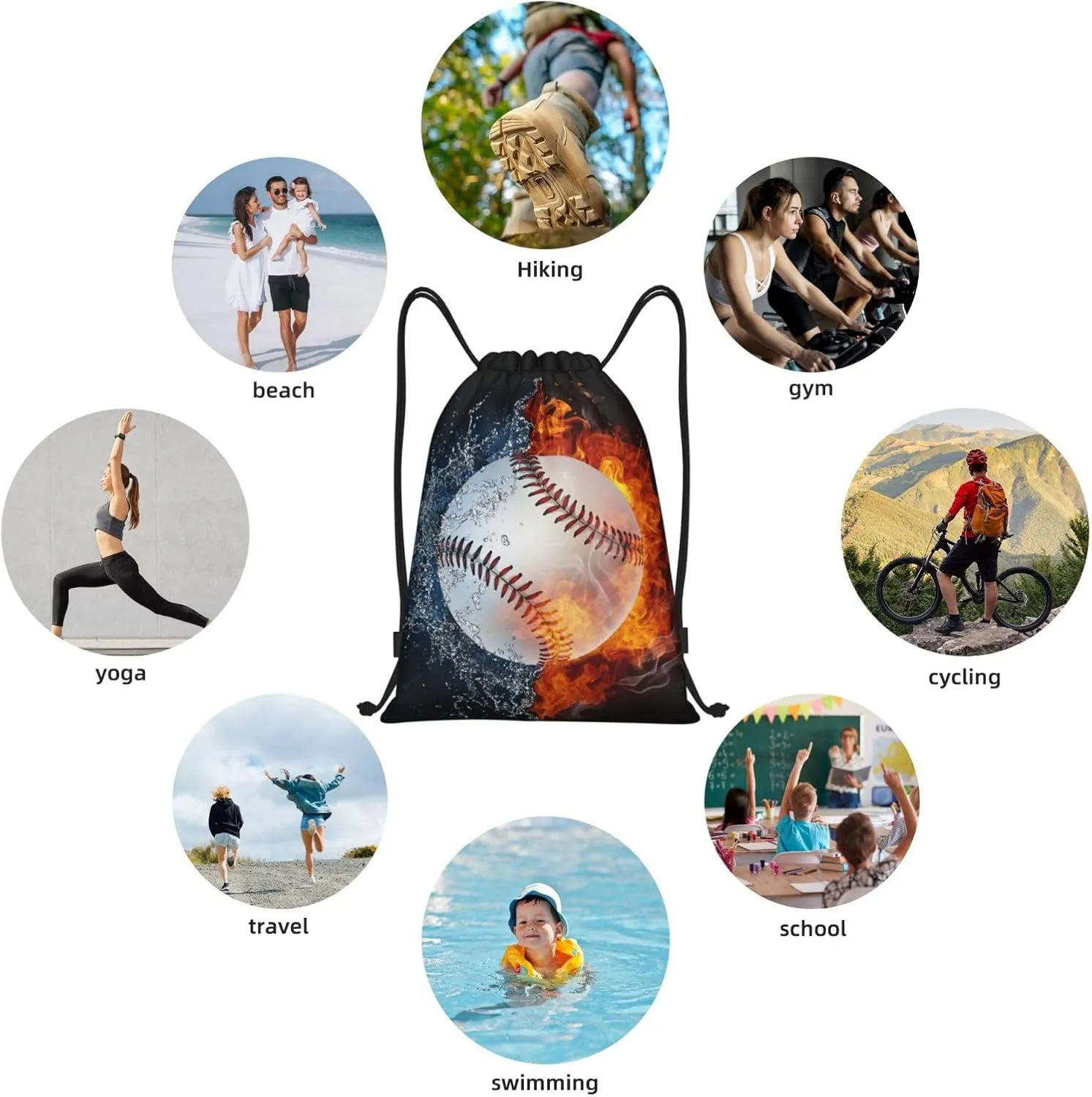 Kids Baseball Drawstring Bags Boys Girls, Cool Sports Drawstring Backpack with Fire and Water Pattern Printed, Black Casual Knapsack Bags for Teens Adults for Gym Travel Swimming Beach Camping, Medium