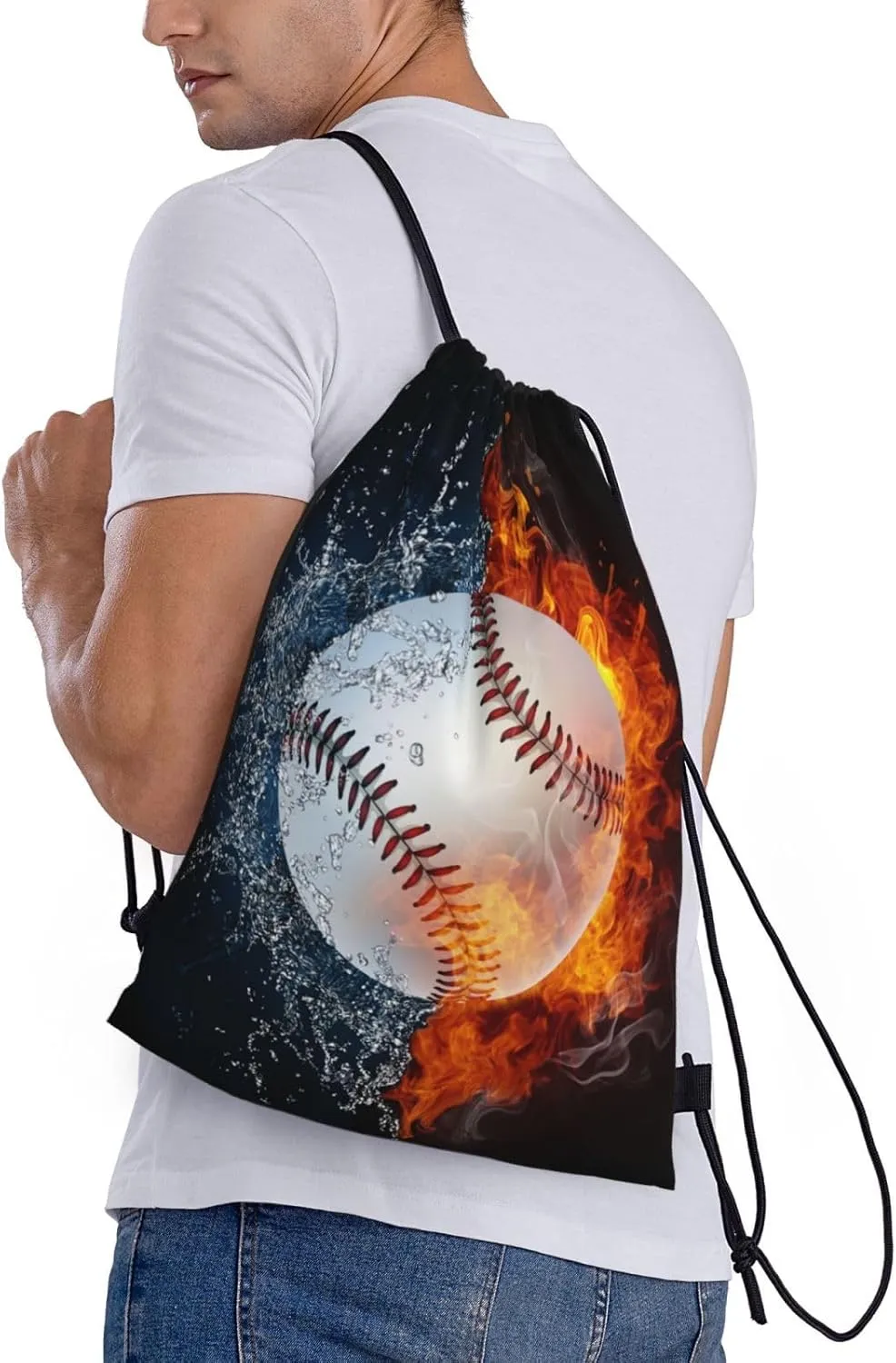 Kids Baseball Drawstring Bags Boys Girls, Cool Sports Drawstring Backpack with Fire and Water Pattern Printed, Black Casual Knapsack Bags for Teens Adults for Gym Travel Swimming Beach Camping, Medium