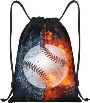 Kids Baseball Drawstring Bags Boys Girls, Cool Sports Drawstring Backpack with Fire and Water Pattern Printed, Black Casual Knapsack Bags for Teens Adults for Gym Travel Swimming Beach Camping, Medium
