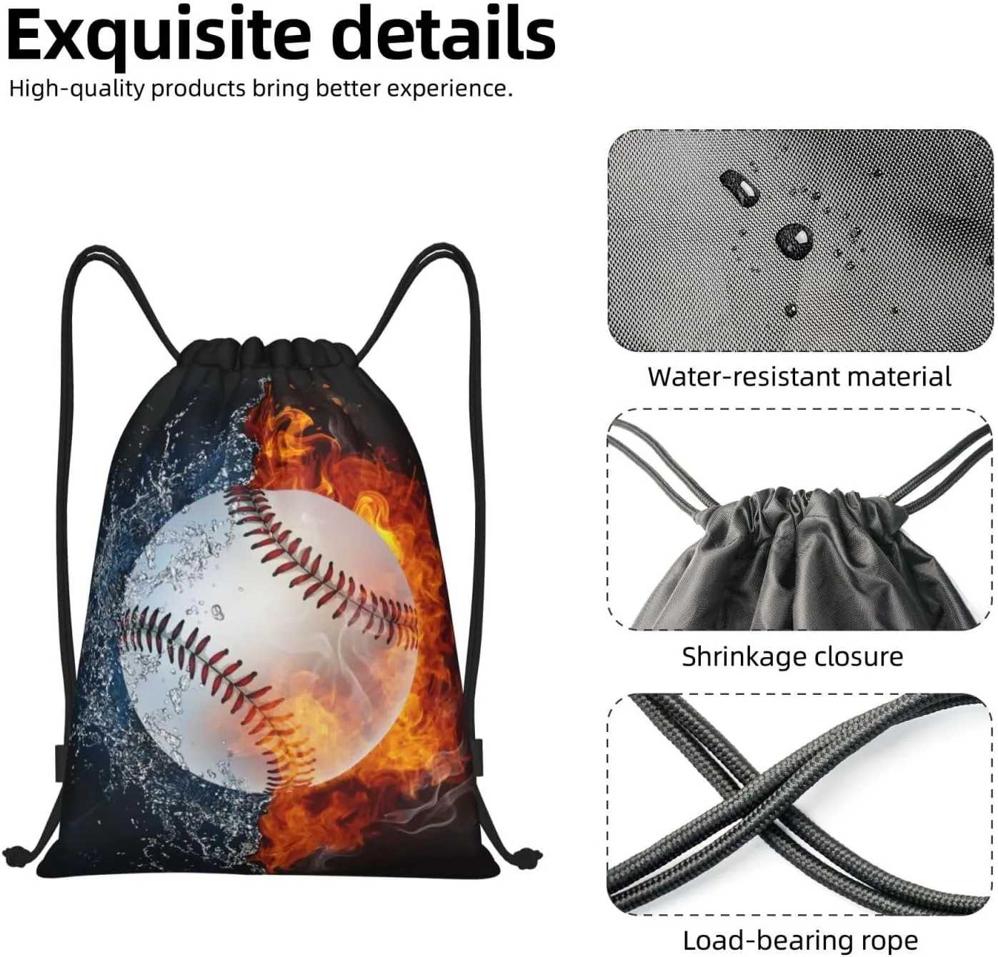 Kids Baseball Drawstring Bags Boys Girls, Cool Sports Drawstring Backpack with Fire and Water Pattern Printed, Black Casual Knapsack Bags for Teens Adults for Gym Travel Swimming Beach Camping, Medium