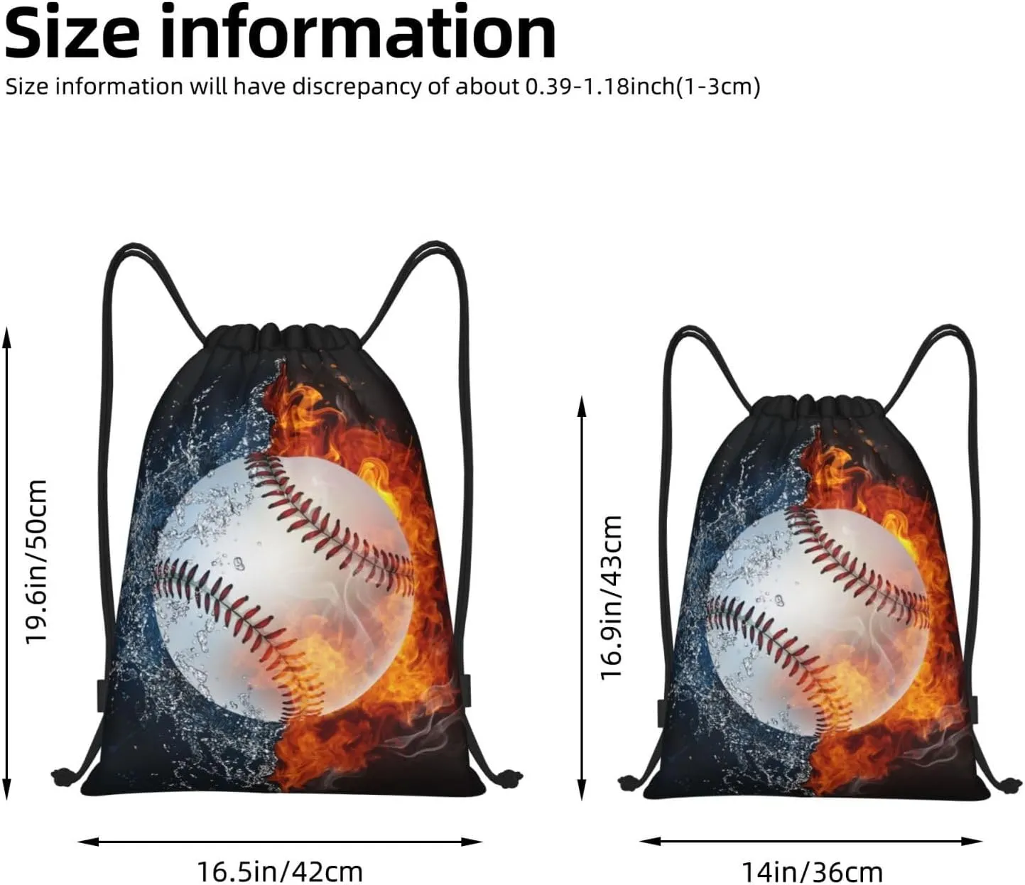 Kids Baseball Drawstring Bags Boys Girls, Cool Sports Drawstring Backpack with Fire and Water Pattern Printed, Black Casual Knapsack Bags for Teens Adults for Gym Travel Swimming Beach Camping, Medium