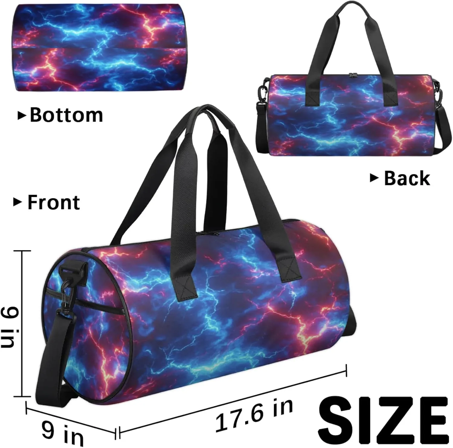 Kids Duffle Bag Boys Overnight Bag Red Blue Lightning Round Cylinder Carry-On Weekend Gym Bag with Adjustable Should Strap for Travel Sport Camping