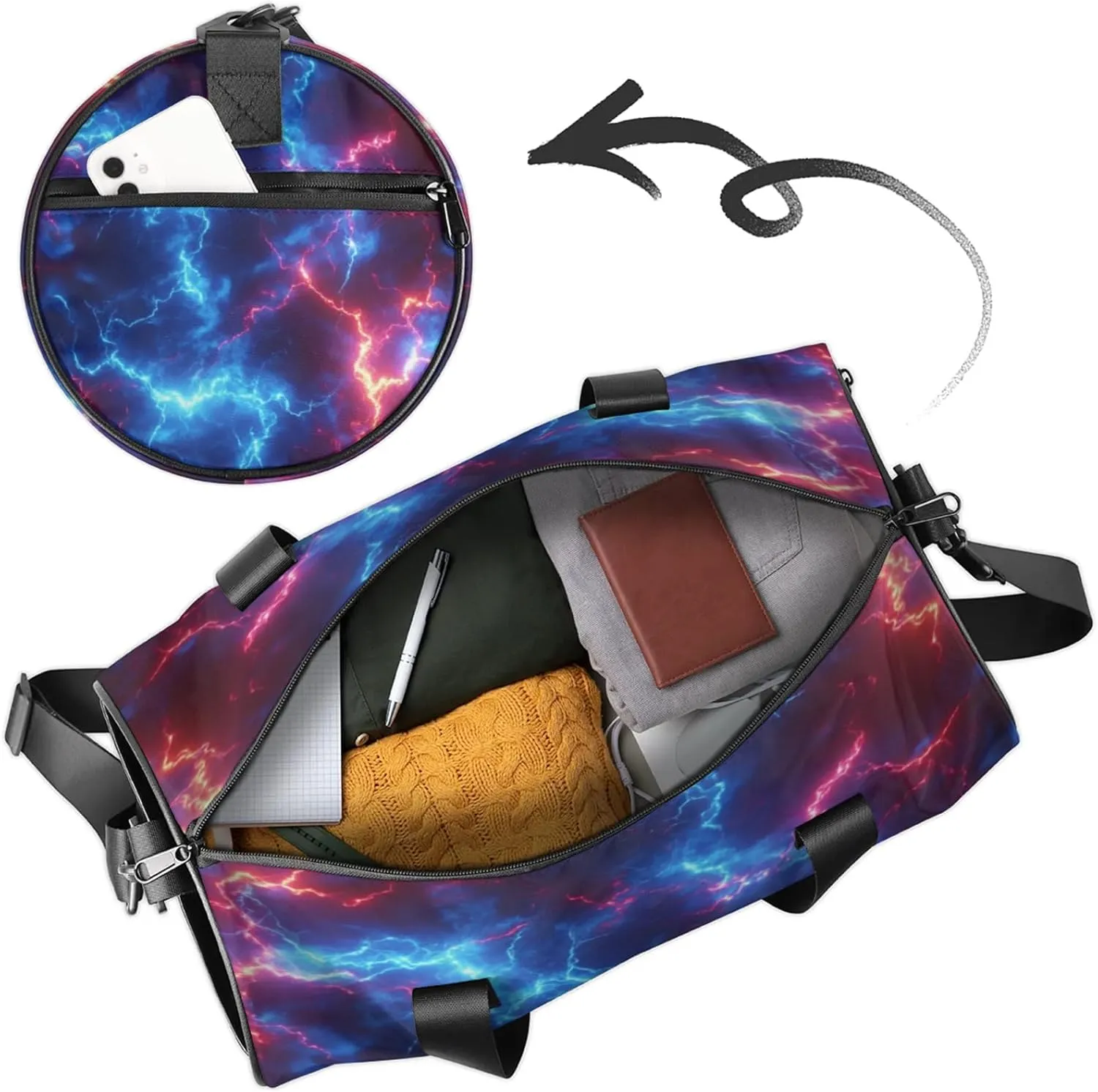 Kids Duffle Bag Boys Overnight Bag Red Blue Lightning Round Cylinder Carry-On Weekend Gym Bag with Adjustable Should Strap for Travel Sport Camping