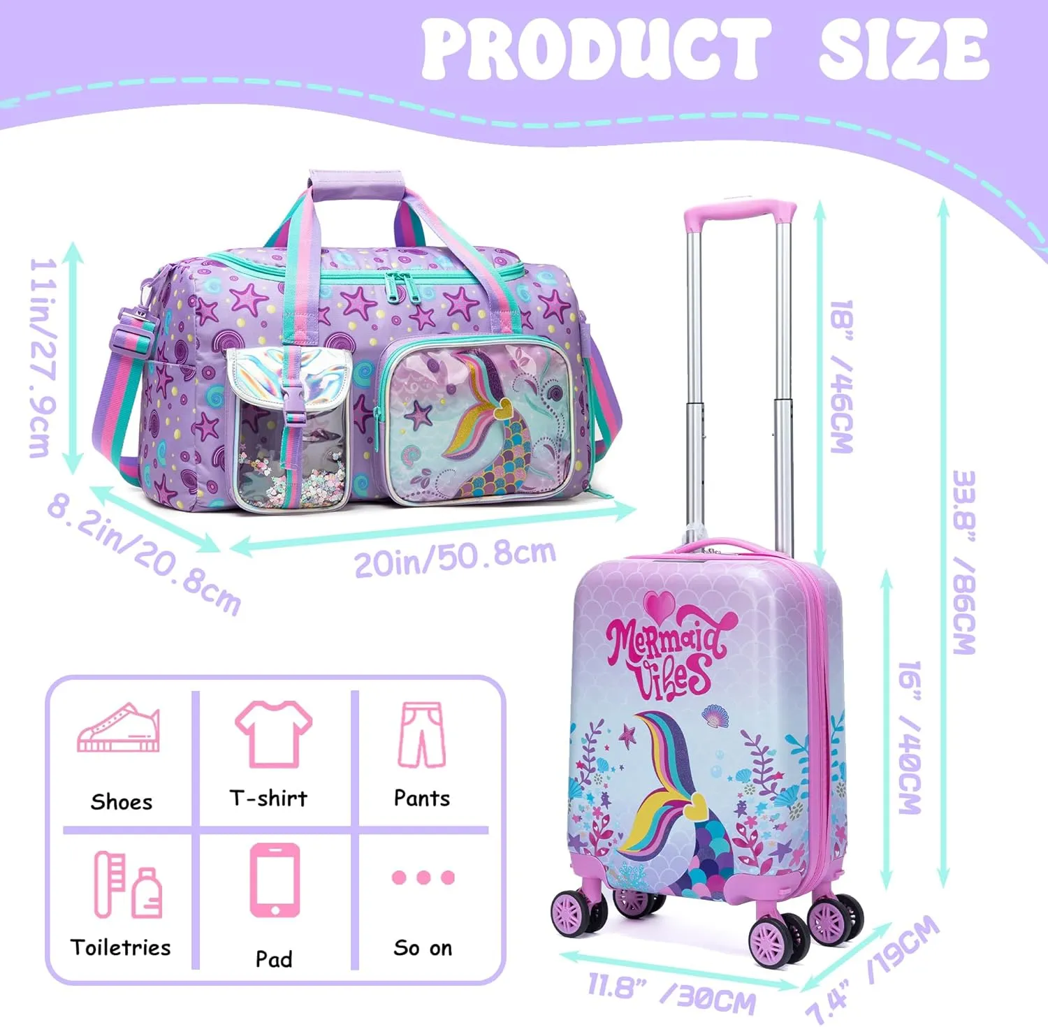 Kid’s Luggage Set 3 Piece Suitcase Set 16’’ Hardside Luggage with Spinner Wheels Girls Carry on Toddler Luggage Travel Rolling Luggage Airline Approved