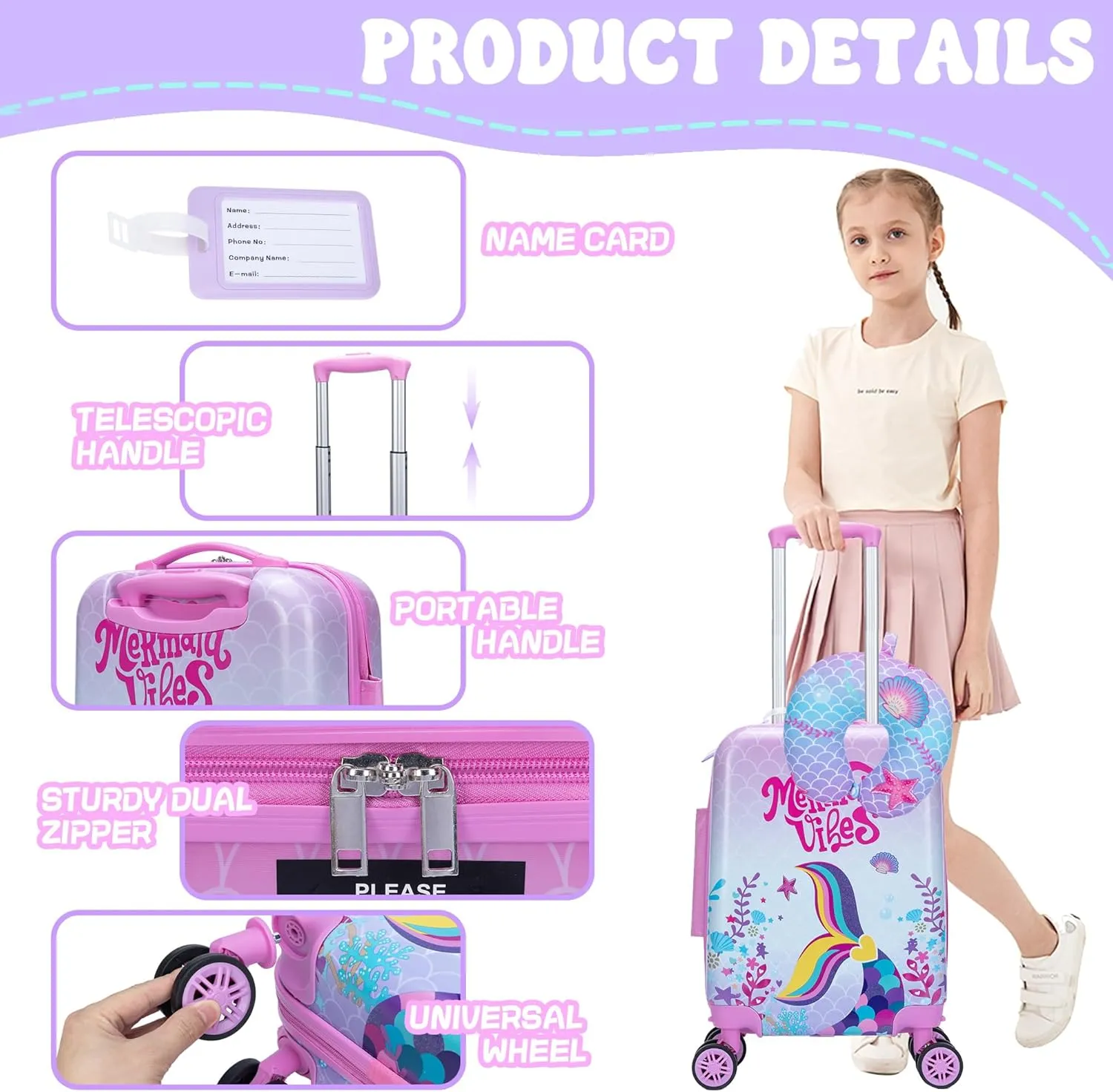 Kid’s Luggage Set 3 Piece Suitcase Set 16’’ Hardside Luggage with Spinner Wheels Girls Carry on Toddler Luggage Travel Rolling Luggage Airline Approved