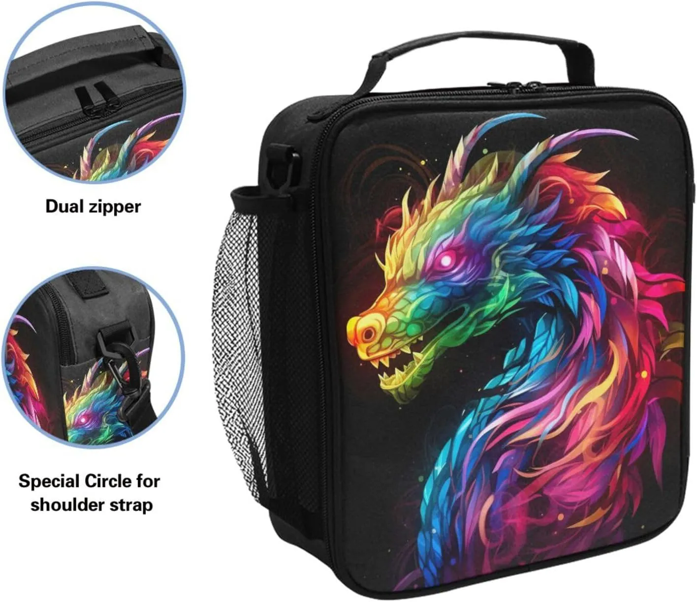 Kids Lunch Box Rainbow Flame Dragon Cooler Insulated for Boys and Girls, Lunch Bag with Shoulder Strap for School, Picnic Meal 20847440