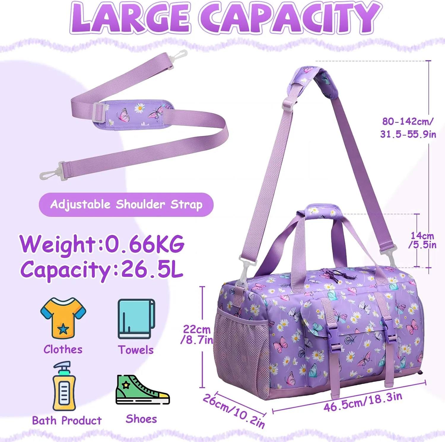 Kids Overnight Duffel Bags,Kasqo Girls Dance Bag Water Resistant Sports Gym Ballet Bag for Teens Travel Bag School Weekender Carry On Tote with Shoes Compartment Dry Wet Pocket,Purple Butterfly