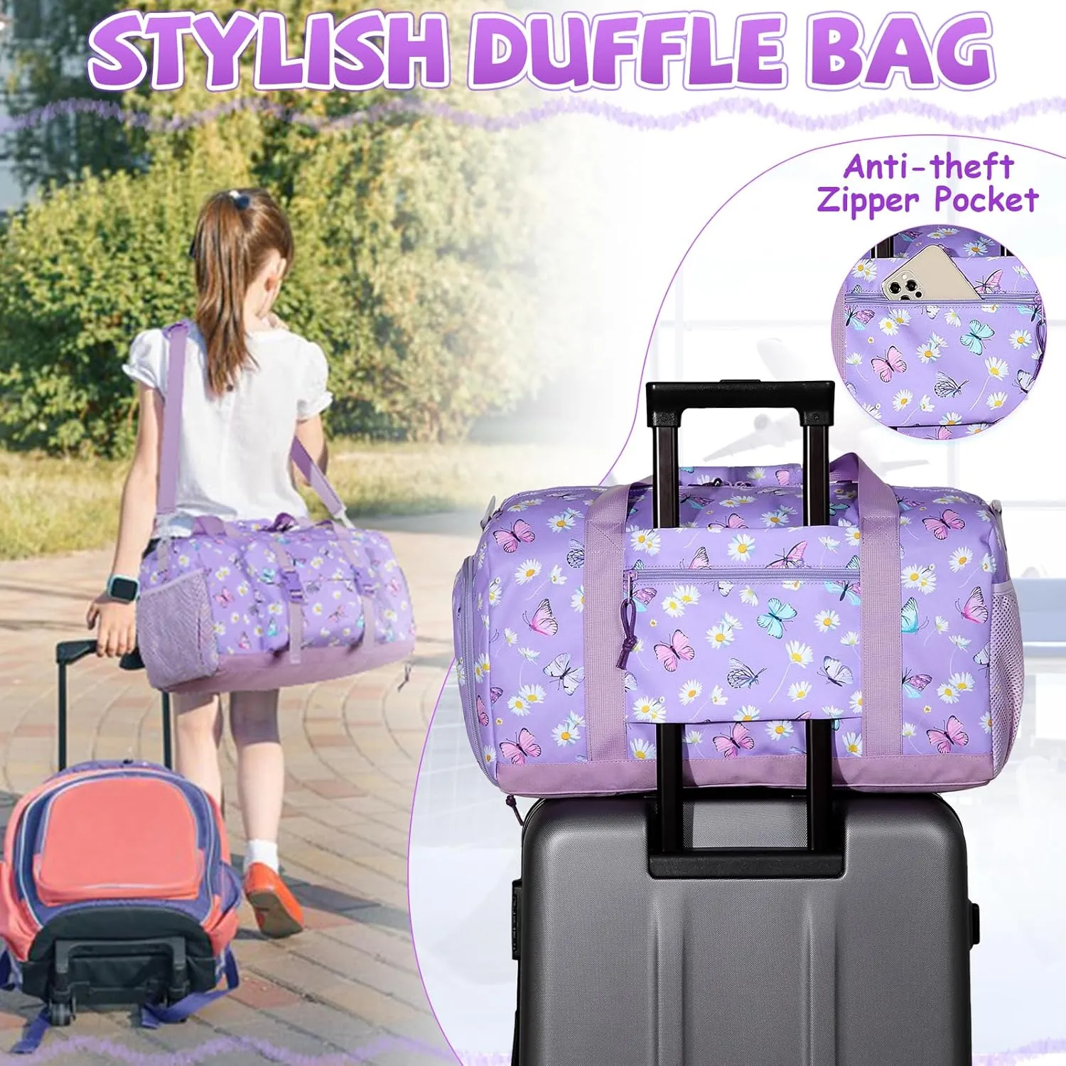 Kids Overnight Duffel Bags,Kasqo Girls Dance Bag Water Resistant Sports Gym Ballet Bag for Teens Travel Bag School Weekender Carry On Tote with Shoes Compartment Dry Wet Pocket,Purple Butterfly