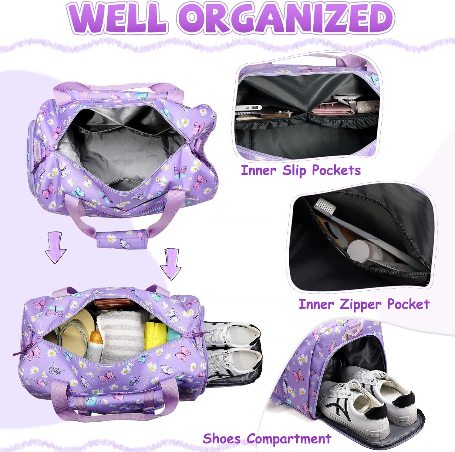 Kids Overnight Duffel Bags,Kasqo Girls Dance Bag Water Resistant Sports Gym Ballet Bag for Teens Travel Bag School Weekender Carry On Tote with Shoes Compartment Dry Wet Pocket,Purple Butterfly