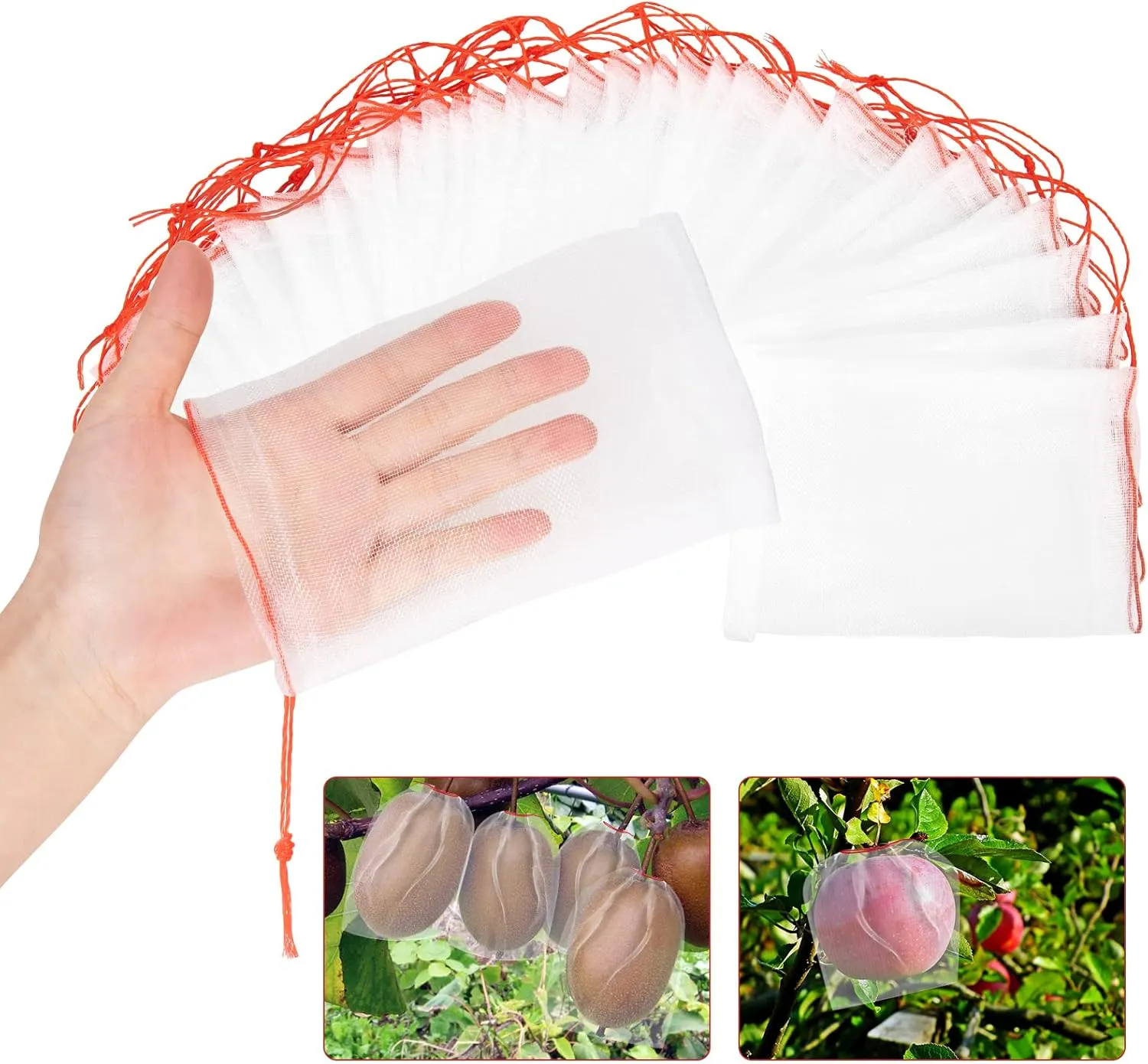 Kikhope 100Pcs Fruit Protection Bags, 6"x4" Garden Netting Bags with Drawstring, Fruit Netting Bags, Fruit Tree Bags, Netting Barrier Bags for Protecting Fruits and Vegetables