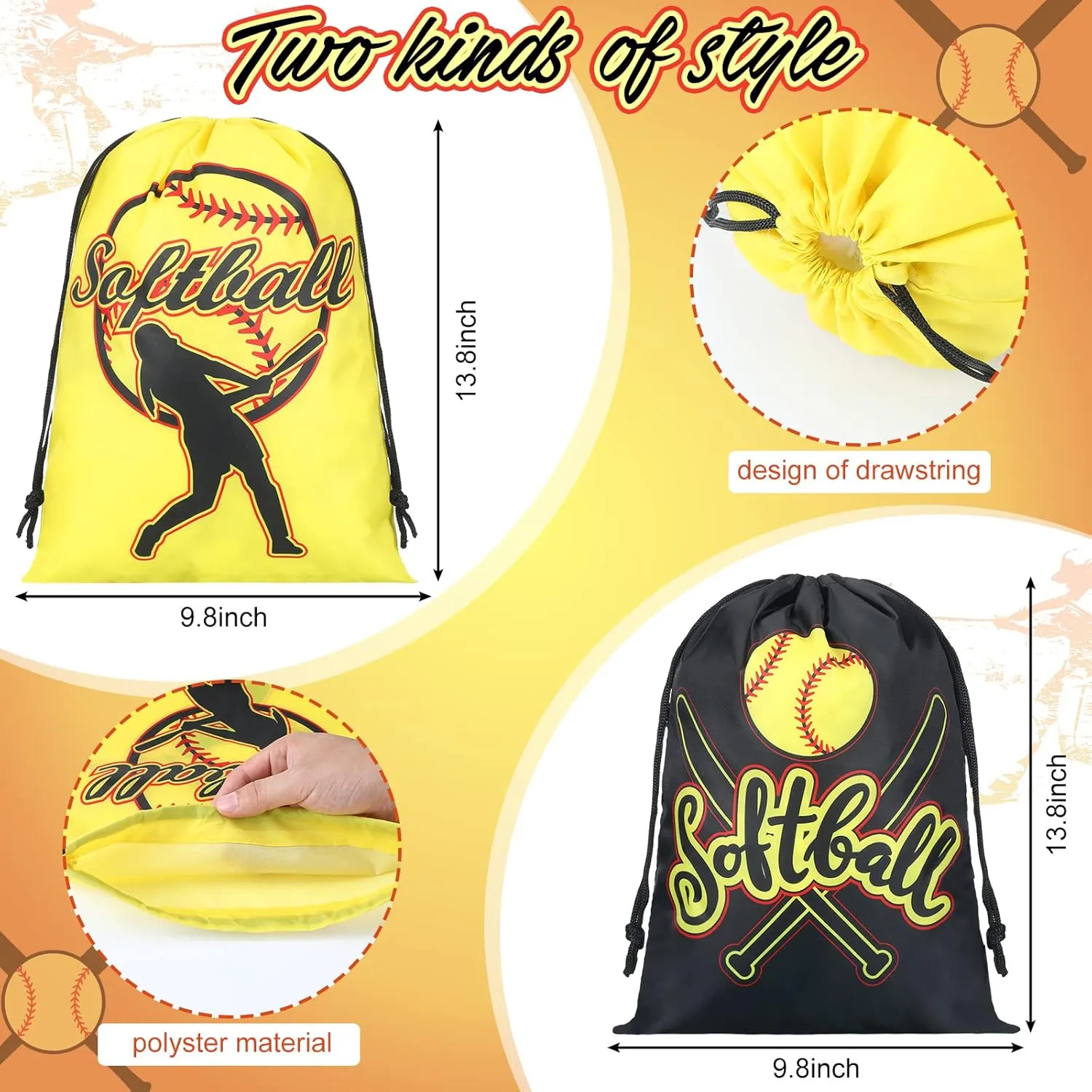 Kingdder 12 Pcs Softball Drawstring Party Favor Bags Softball Treat Bags Baseball Gift Bag for Baseball Party(Yellow)