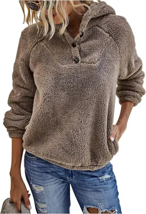 KIRUNDO Women's 2025 Winter Fuzzy Fleece Hoodies Sweatshirts Casual Long Sleeves Shaggy Sherpa Pullover With Pockets
