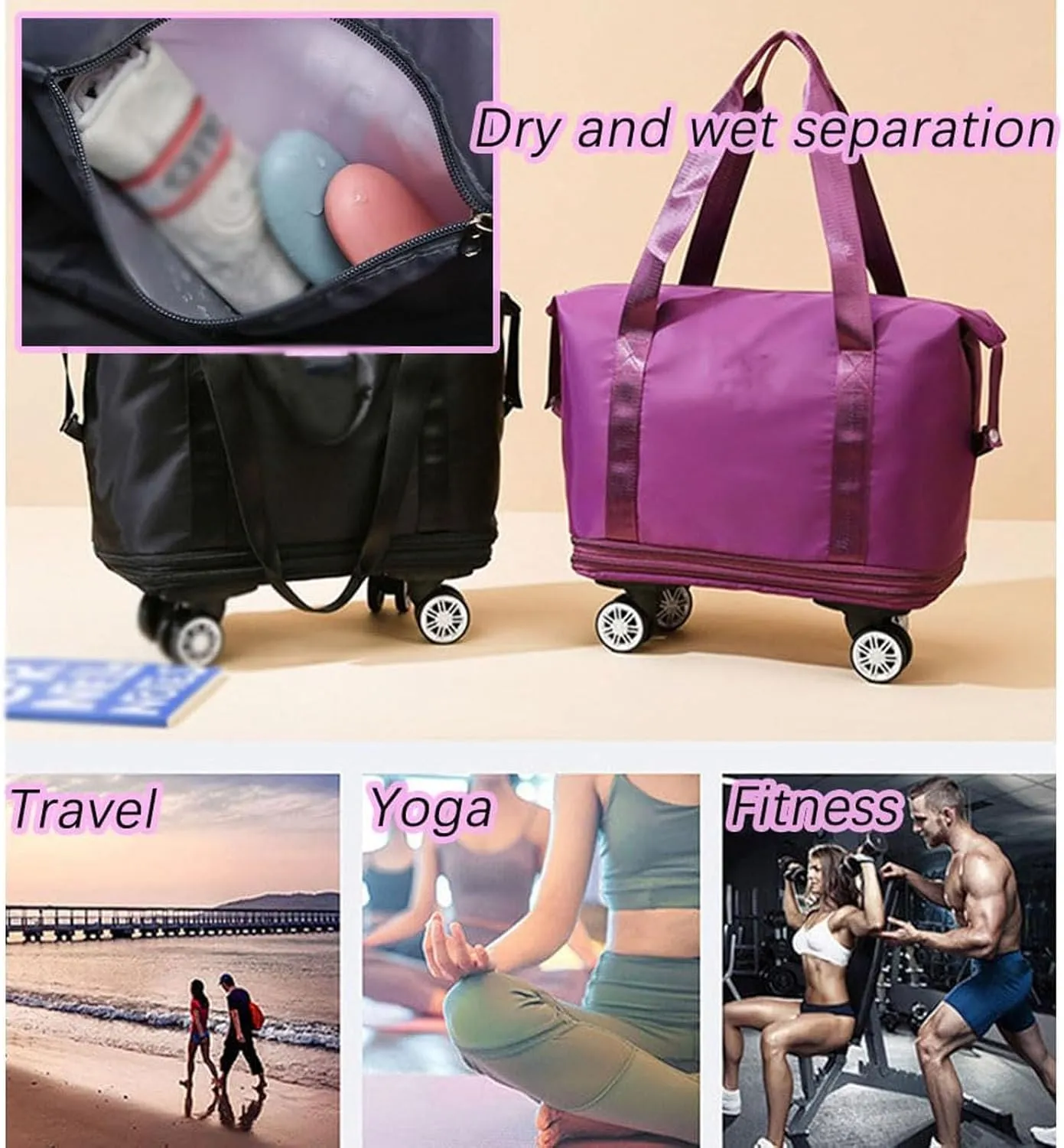 Klarson Expandable Bag, Lightweight Durable Rolling Duffles and Expandable Wheeled Carry-On Foldable Suitcase without Handle, (Gray)