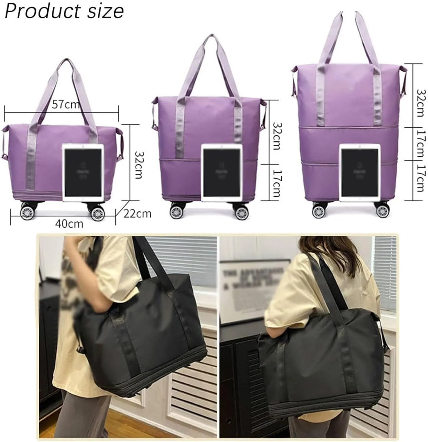 Klarson Expandable Bag, Lightweight Durable Rolling Duffles and Expandable Wheeled Carry-On Foldable Suitcase without Handle, (Gray)