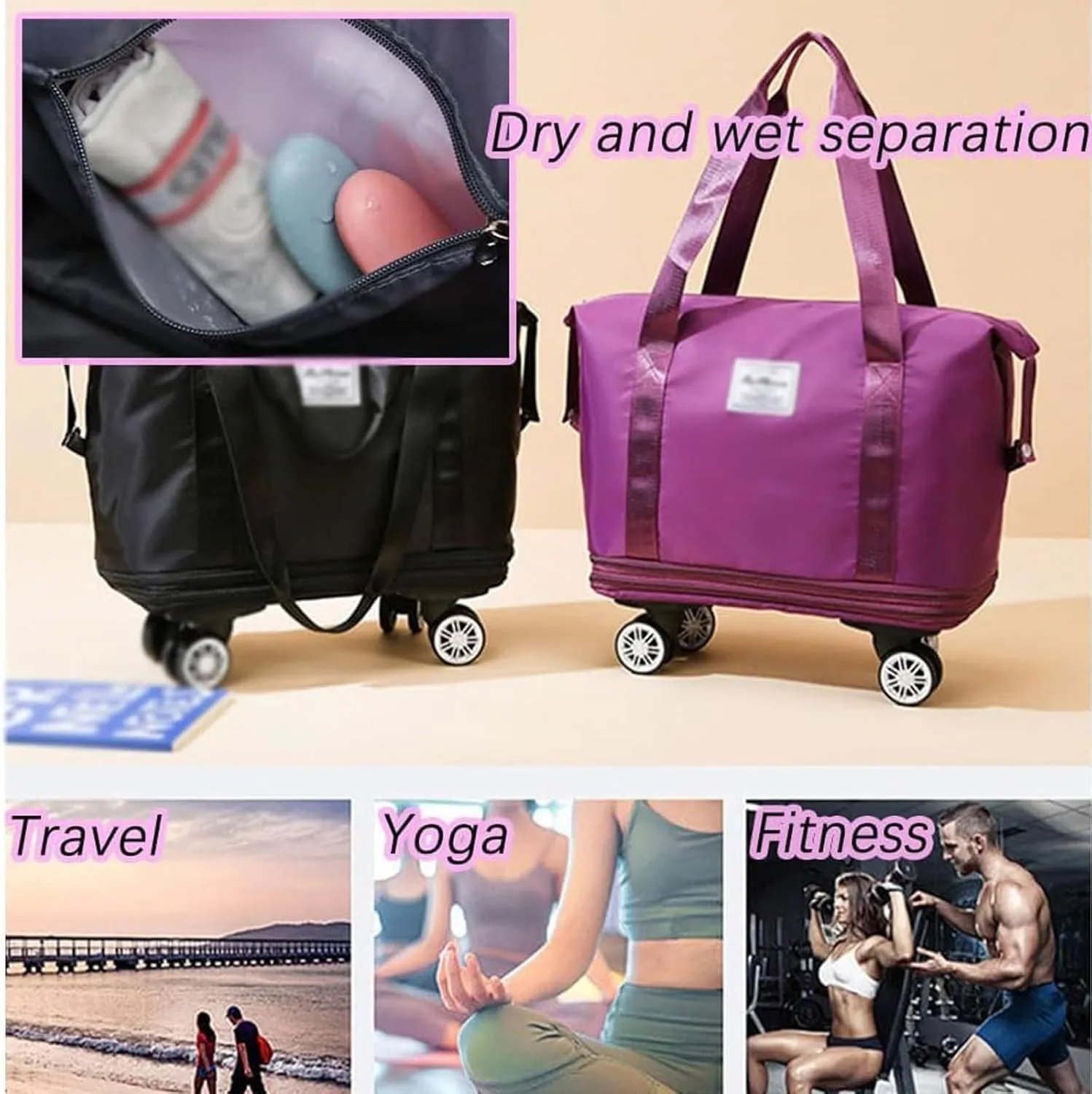 Klarson Expandable Bag with Wheels, Scratch Expandable Travel Duffle Bag with Wheels, Collapsible Rolling Duffle (Blue)