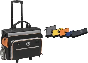 Klein Tools Tool Storage Bundle with 55452RTB 200lb Capacity Rolling Bag, 24 Pockets and 55569 5-Pack Stand-Up Zipper Bags