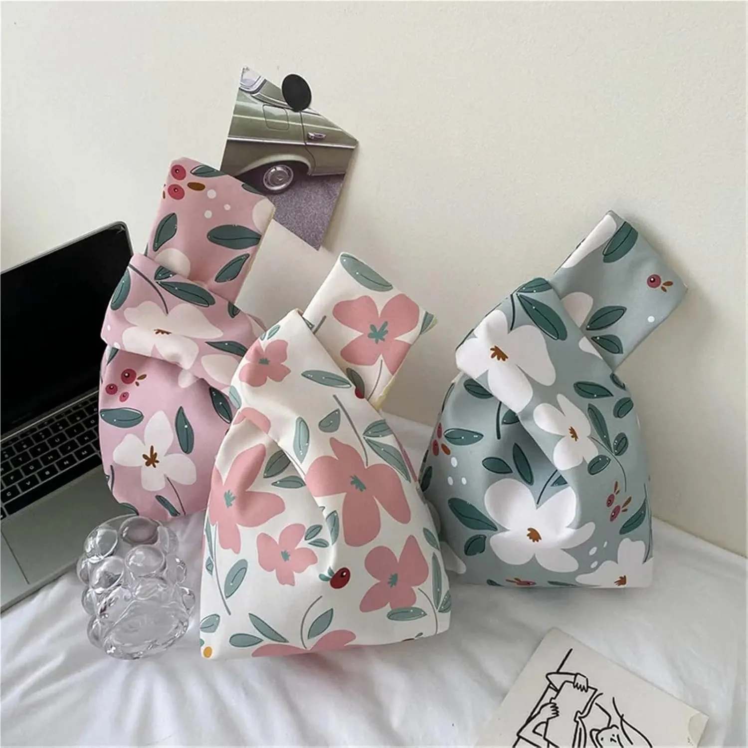 Knot Wrist Bag Literary Portable Floral Knot Wrist Bag Women Top Handle Tote Bag Purses Handbags Shopping Bag Phone Key Pouch