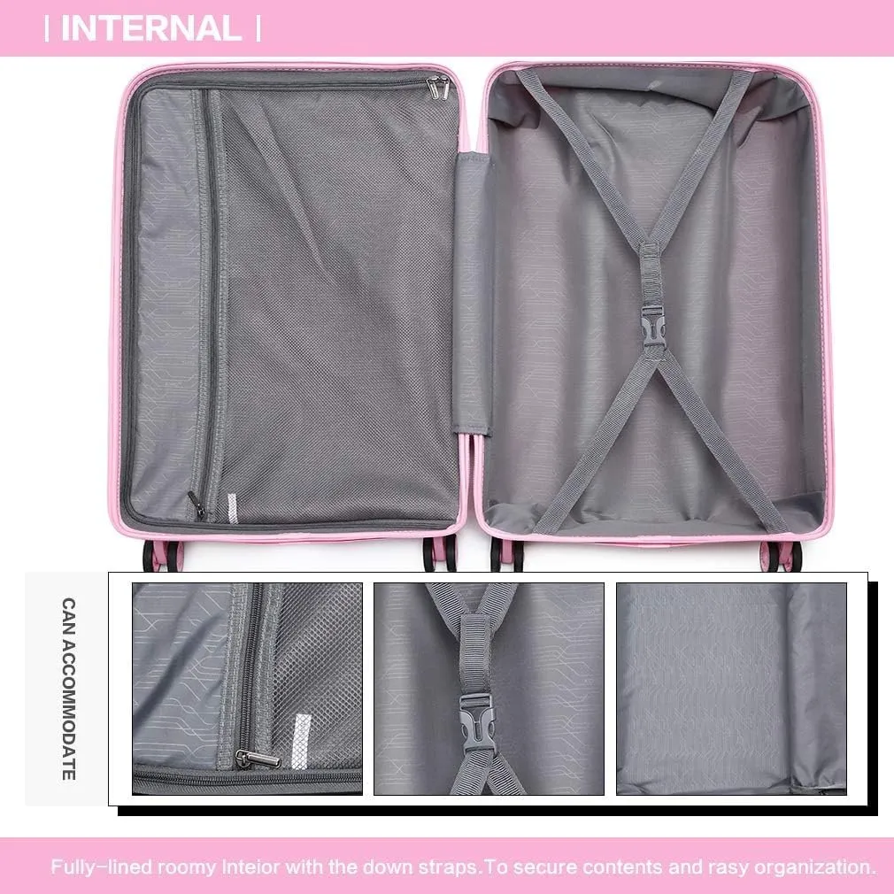 Kono Carry On Luggage Hard Shell Travel Trolley 4 Spinner Wheels Lightweight Polypropylene Suitcase with TSA Lock (Checked-Medium 24-Inch, Pink)