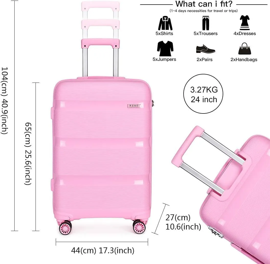 Kono Carry On Luggage Hard Shell Travel Trolley 4 Spinner Wheels Lightweight Polypropylene Suitcase with TSA Lock (Checked-Medium 24-Inch, Pink)