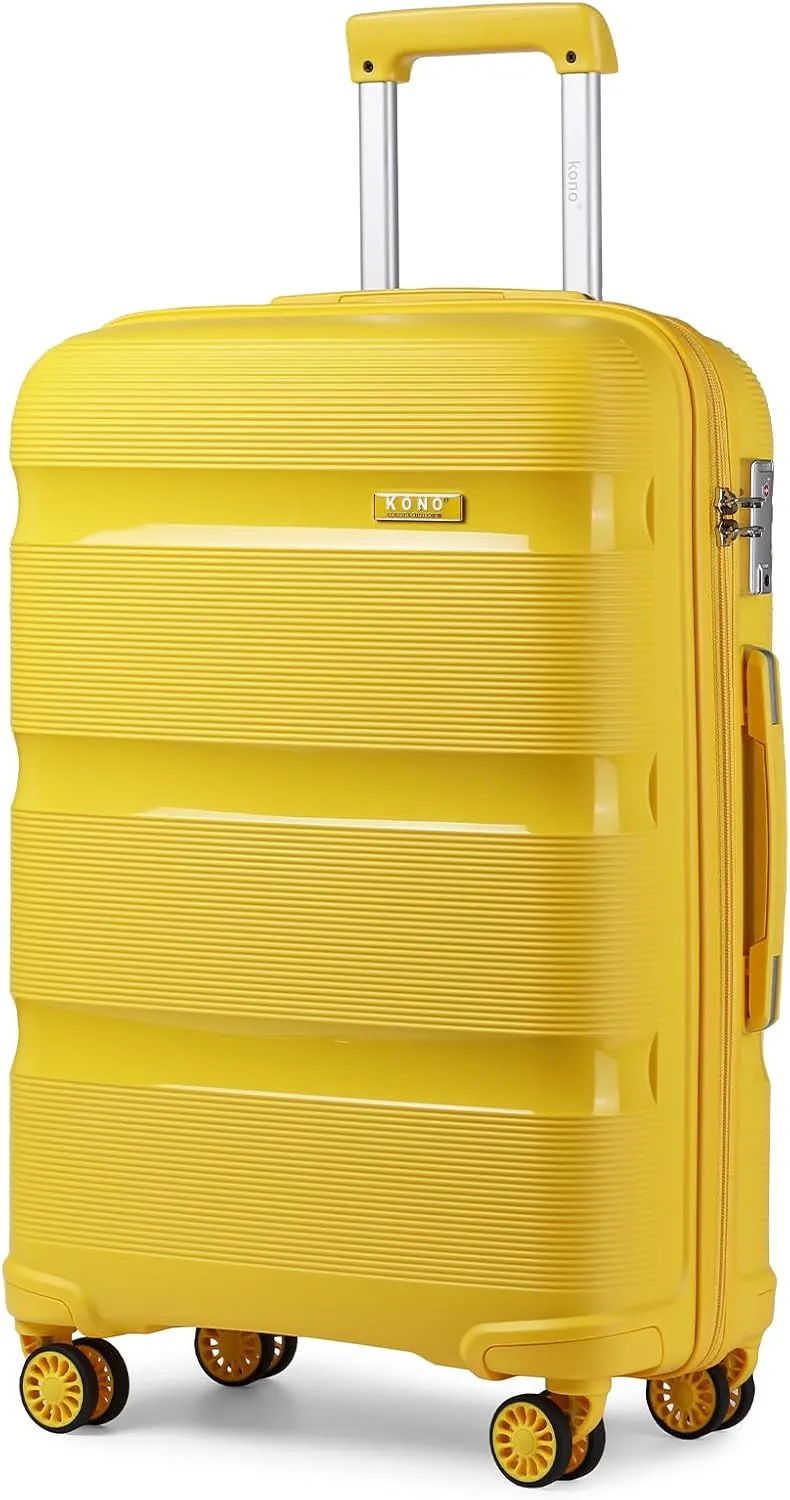 Kono Carry On Luggage Hard Shell Travel Trolley 4 Spinner Wheels Lightweight Polypropylene Suitcase with TSA Lock (Checked-Medium 24-Inch, Yellow)