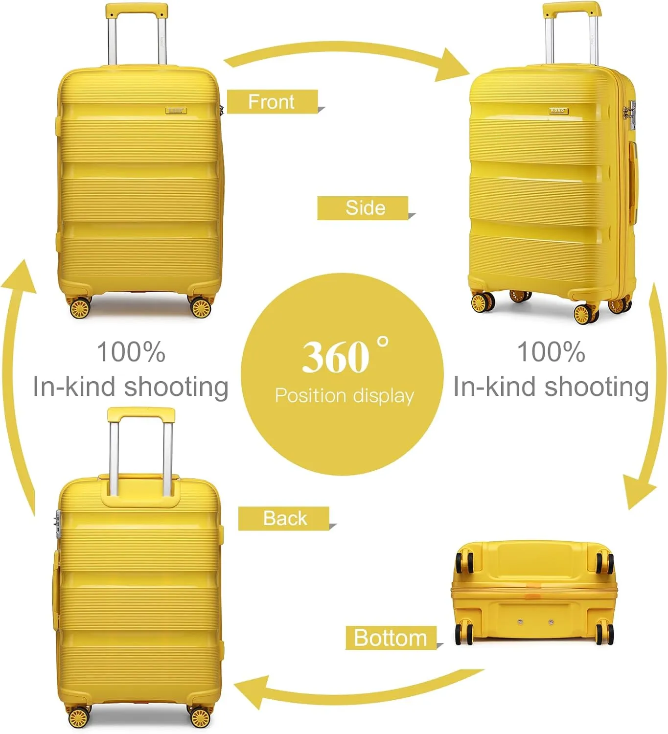 Kono Carry On Luggage Hard Shell Travel Trolley 4 Spinner Wheels Lightweight Polypropylene Suitcase with TSA Lock (Checked-Medium 24-Inch, Yellow)