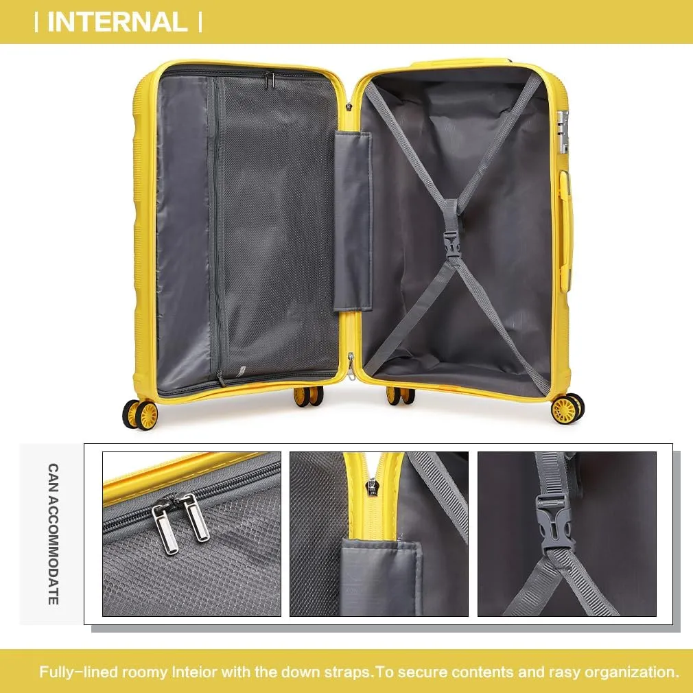 Kono Carry On Luggage Hard Shell Travel Trolley 4 Spinner Wheels Lightweight Polypropylene Suitcase with TSA Lock (Checked-Medium 24-Inch, Yellow)