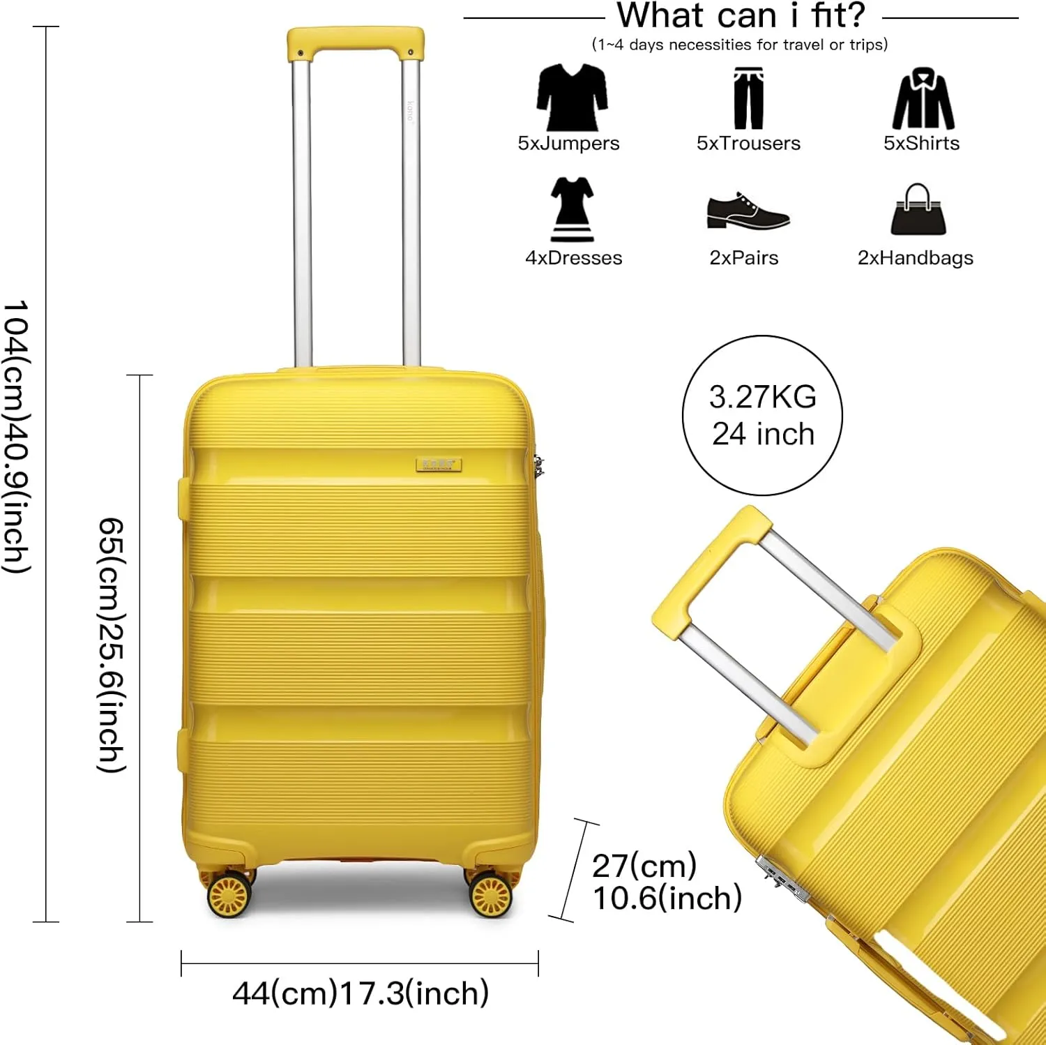 Kono Carry On Luggage Hard Shell Travel Trolley 4 Spinner Wheels Lightweight Polypropylene Suitcase with TSA Lock (Checked-Medium 24-Inch, Yellow)