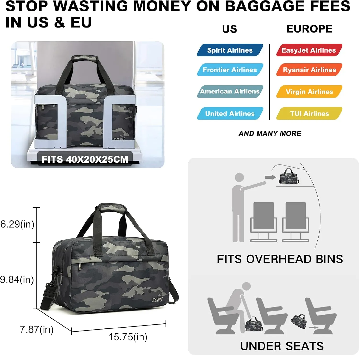 Kono Travel Duffel 20L Under Seat Carry-On Sports Tote Gym Weekender Overnight Bag - 15.75"x9.84"x7.87" Camo