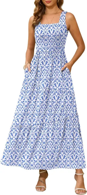 Kranda 2025 Summer Sleeveless Long Beach Sundress Square Neck Tank Top Tiered Maxi Dress with Pockets