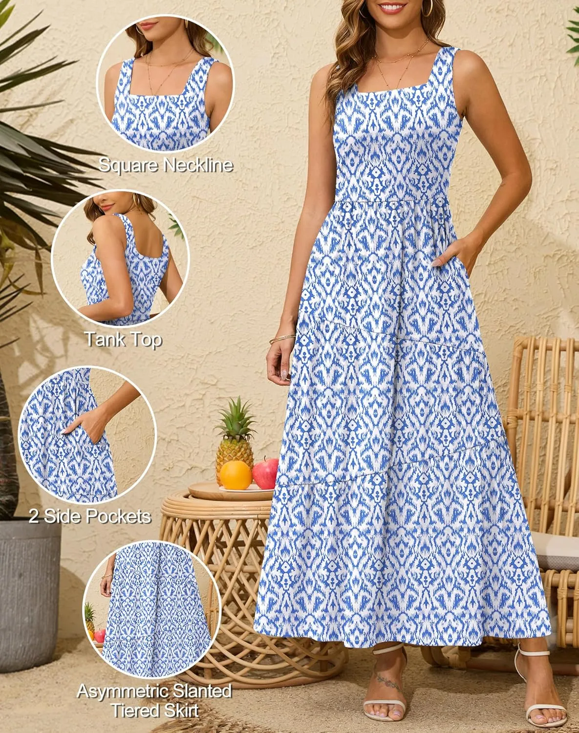 Kranda 2025 Summer Sleeveless Long Beach Sundress Square Neck Tank Top Tiered Maxi Dress with Pockets
