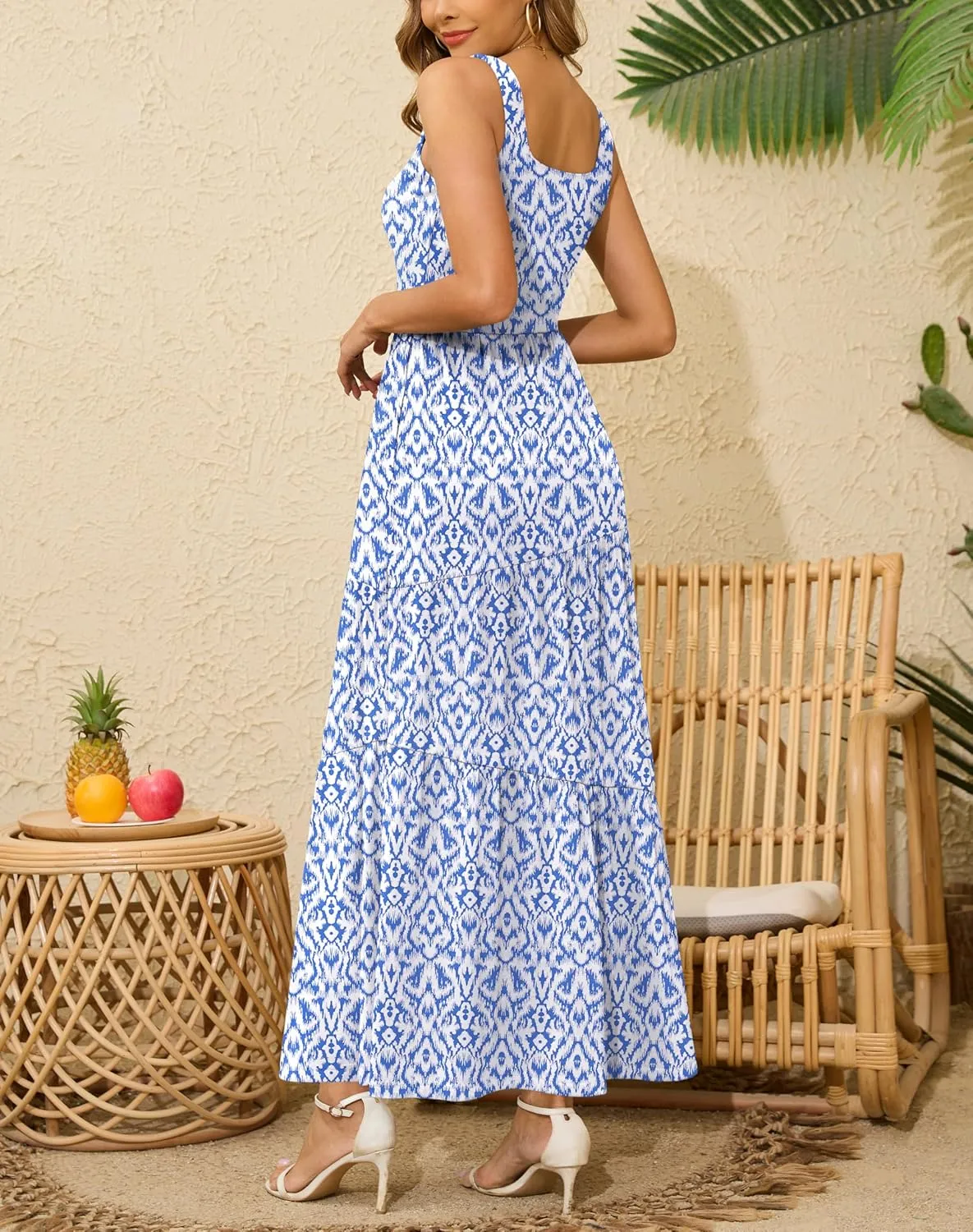 Kranda 2025 Summer Sleeveless Long Beach Sundress Square Neck Tank Top Tiered Maxi Dress with Pockets