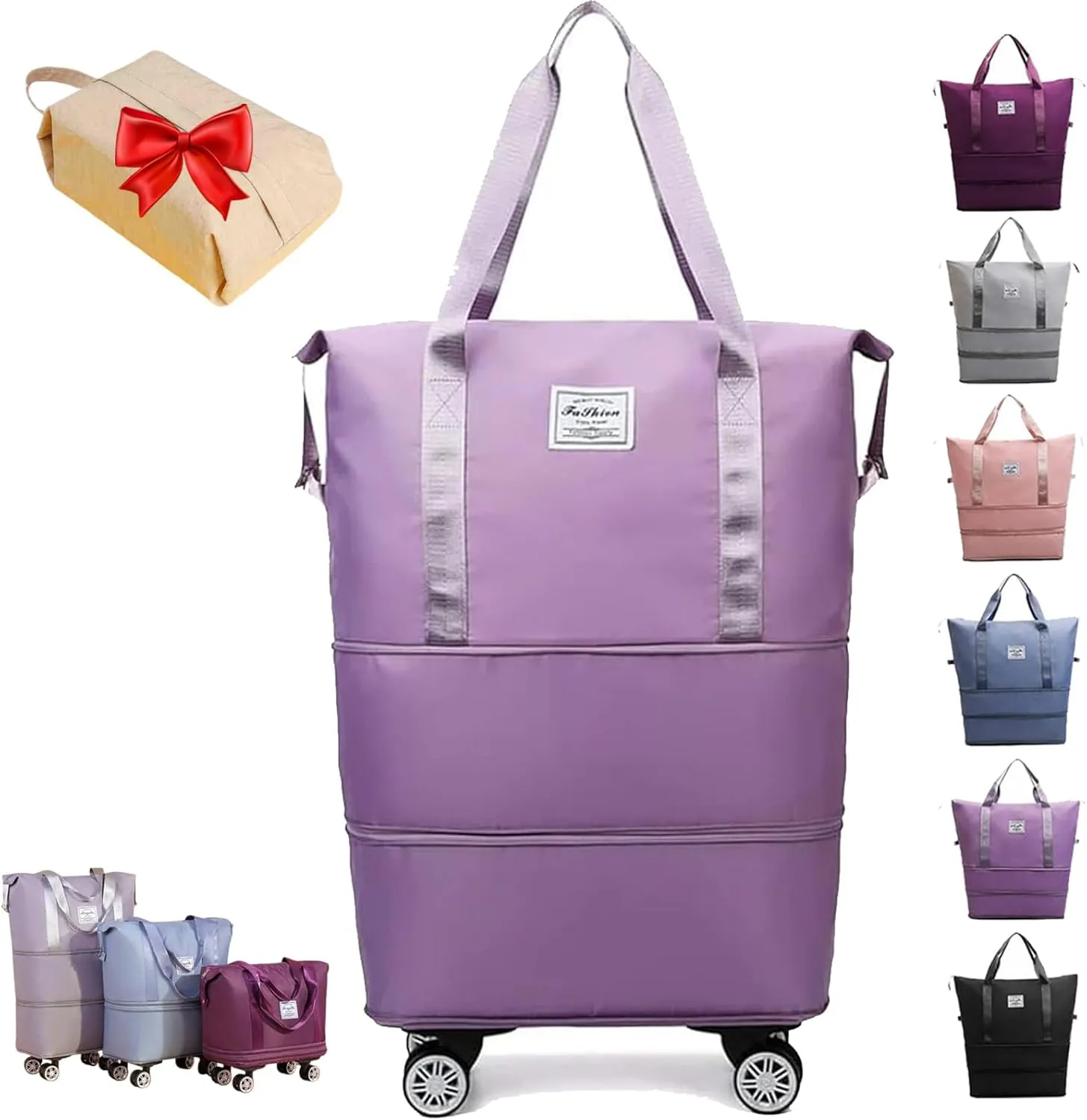 Kulken Travel Bag with Wheels, Expandable Foldable Duffle Bag, Large Capacity Wide-Open Weekend Travel Cosmetic Bag (Light purple)