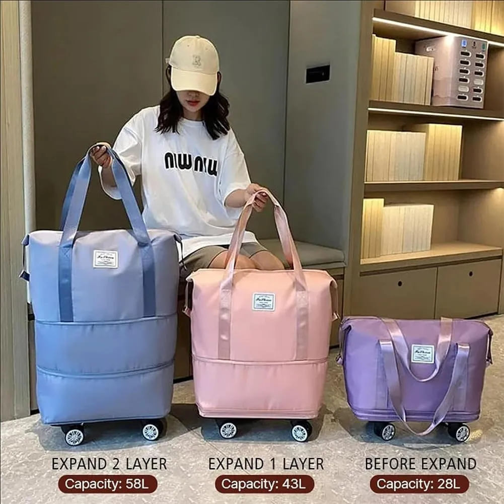 Kulken Travel Bag with Wheels, Expandable Foldable Duffle Bag, Large Capacity Wide-Open Weekend Travel Cosmetic Bag (Light purple)