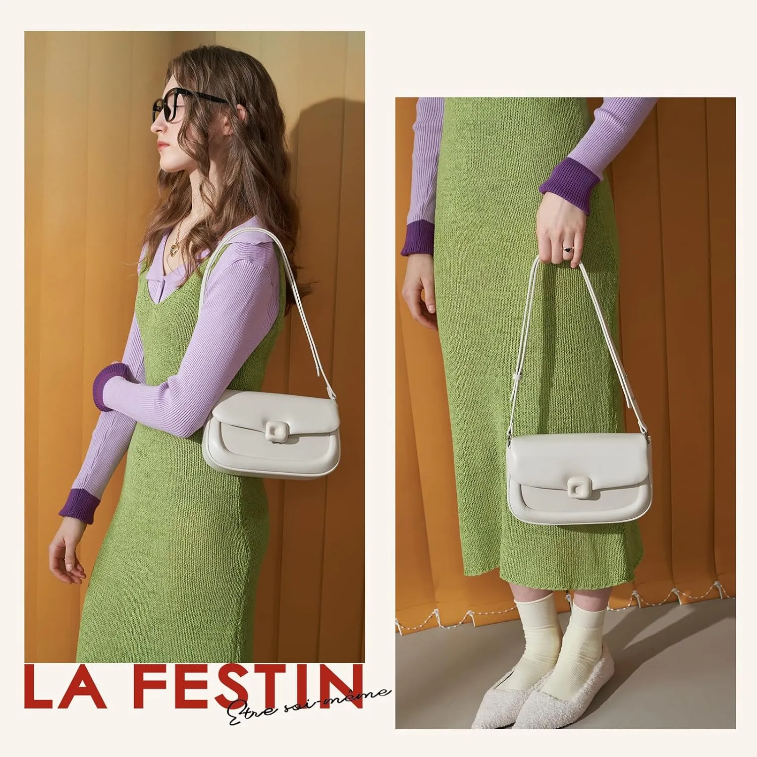 LA FESTIN Cowhide Leather Shoulder Bag for Women - Adjustable Strap Crossbody satchel bags for womenfor with Buckle Closure