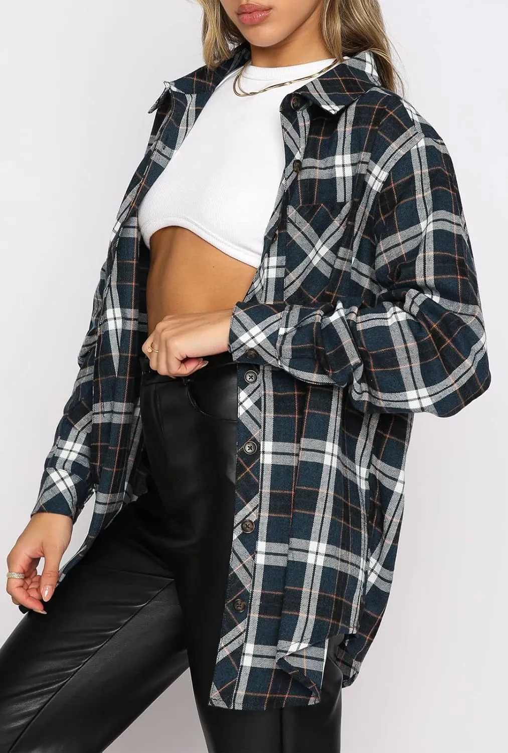 Lacozy Womens Buffalo Plaid Flannel Shirt Long Sleeve Collar Button Down Blouses Tops